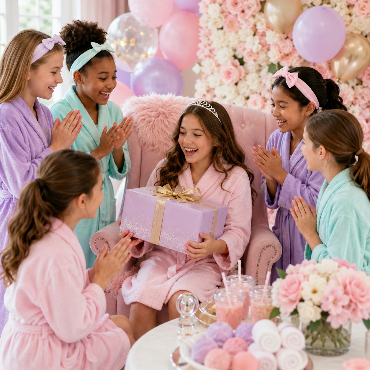 A birthday girl opening a gift surrounded by friends in robes