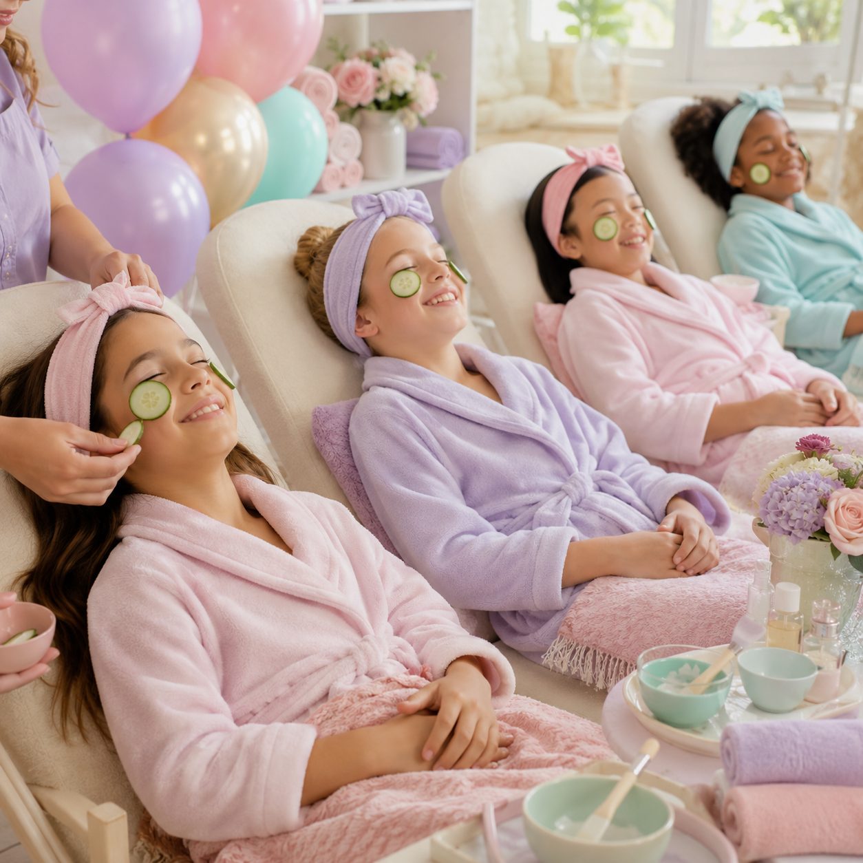 Guests relaxing in robes with cucumber eye pads at a pamper party